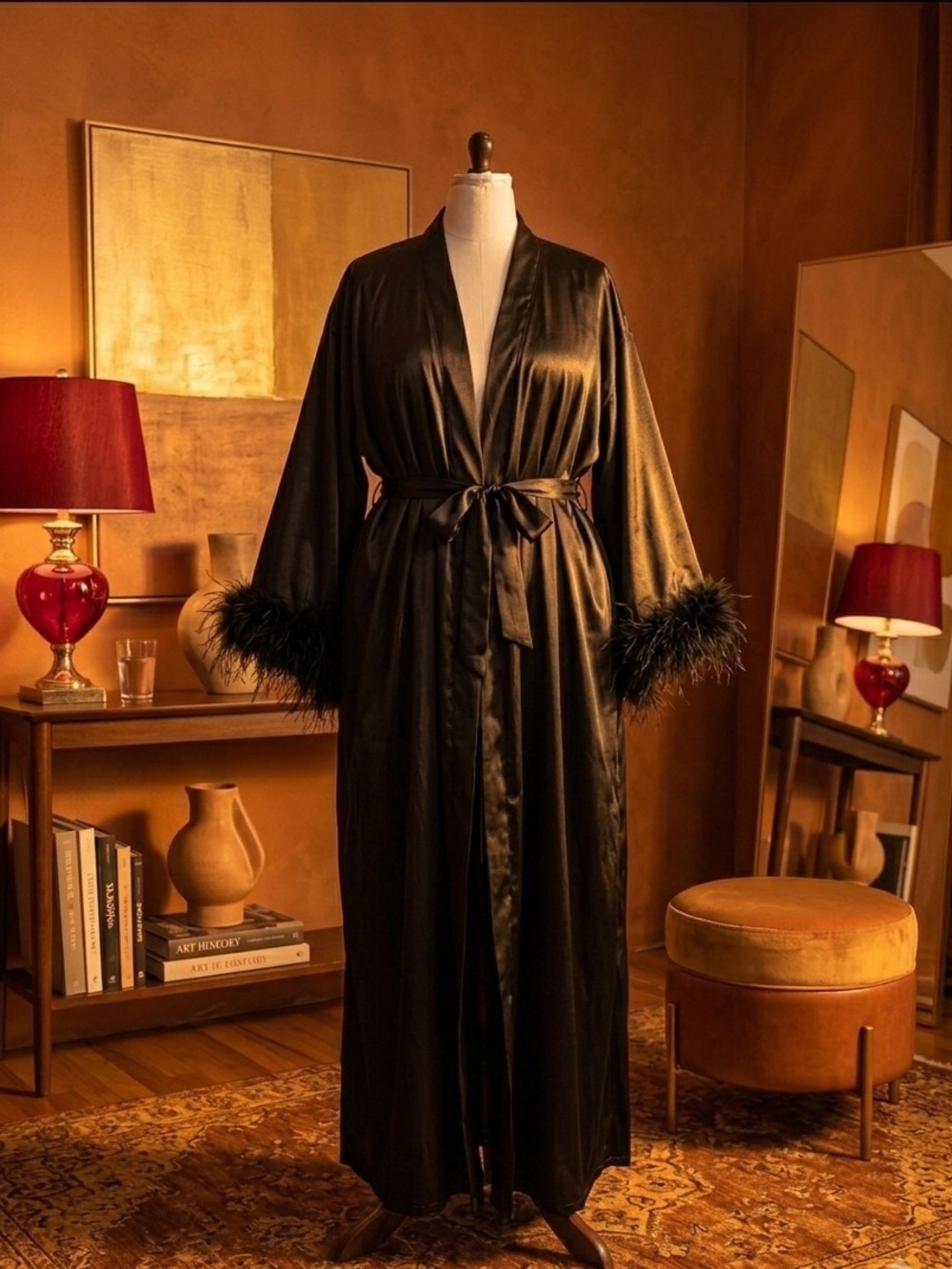 Black Satin Feather-Trim Robe - Women's Intimates